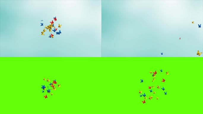 发光的五颜六色的蝴蝶在绿色屏幕背景上飞翔。t