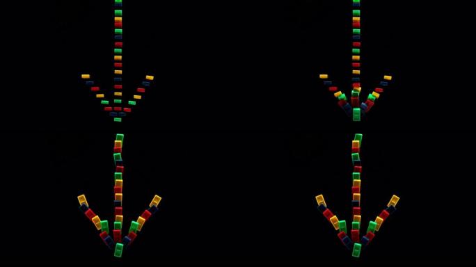 SLO MO LD彩色多米诺瓷砖，形状像箭头落在黑色表面上
