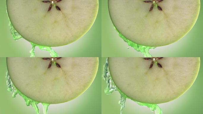 苹果片中流动的青苹果汁，慢动作微距拍摄