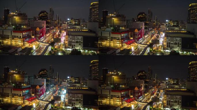 夜间照明曼谷市市中心交通街屋顶全景4k延时泰国