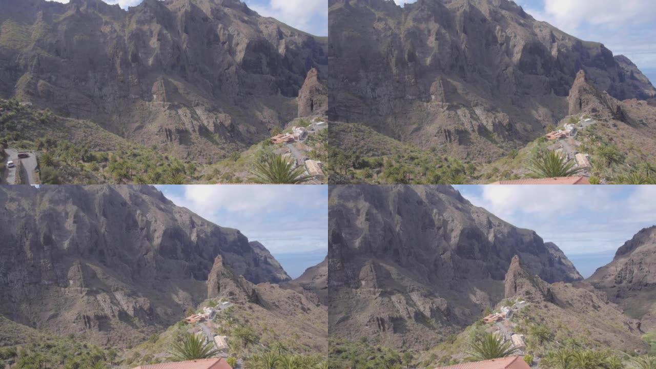 下面的岩石峡谷山脉和山谷的平移视图