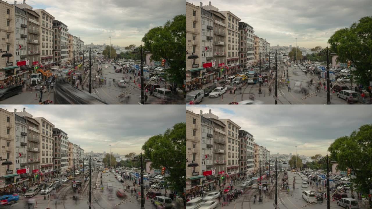 伊斯坦布尔市著名交通湾街广场屋顶全景4k延时土耳其