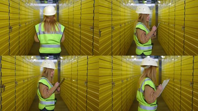 后视图年轻的女员工穿着制服走在仓库里一排排黄色的储物柜里，填写文书工作。白种人妇女漫步在工业仓库检查