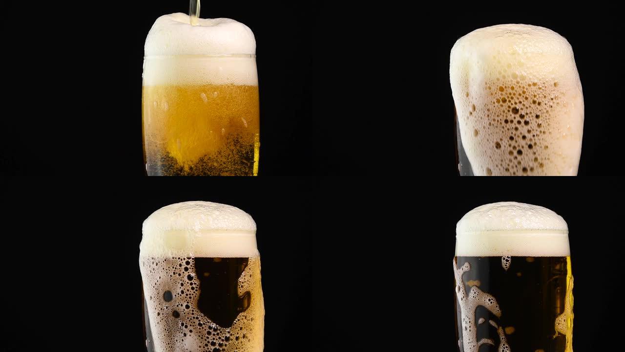 关闭将啤酒倒入玻璃中的黑色啤酒