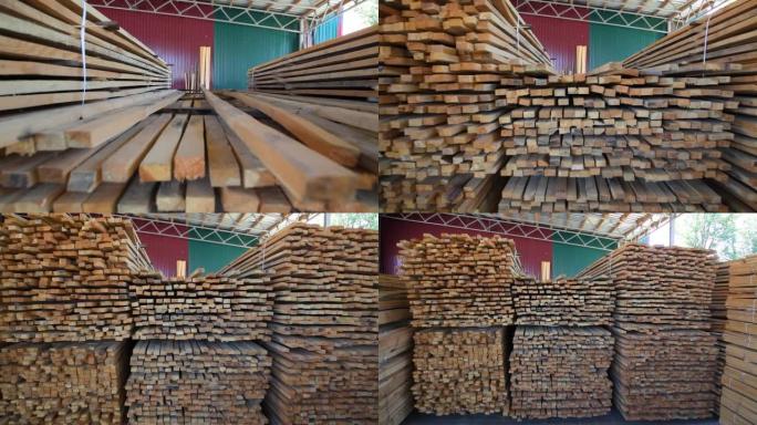 木材仓库。切片木板存放在交易仓库中。货物和材料布置在仓库的架子上。