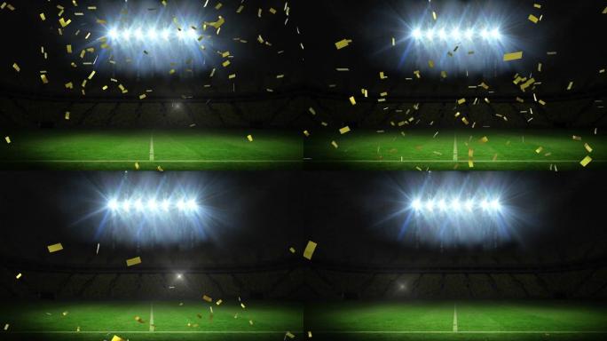 金色五彩纸屑落在泛光灯和体育馆的背景下