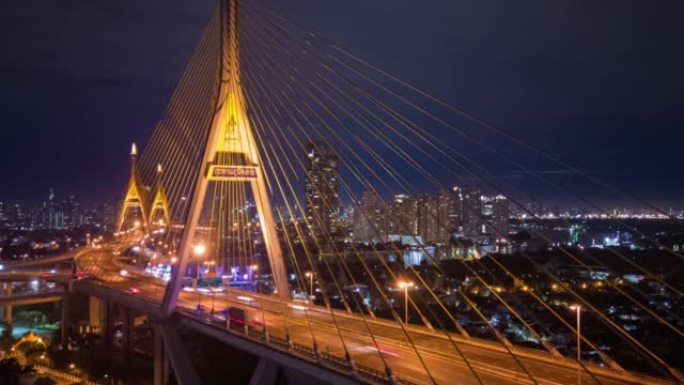 夜间桥梁的超流鸟瞰图