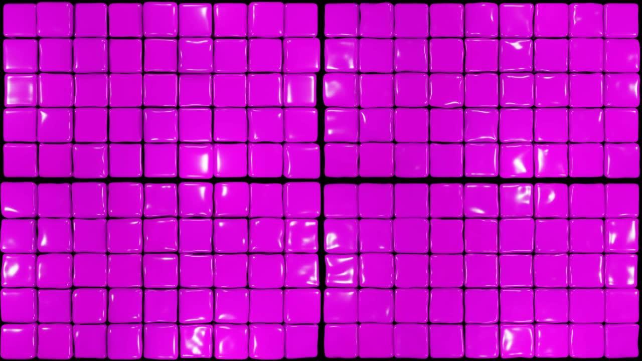 紫色软立方体随机移动图案。果冻立方体翘曲。抽象框3d渲染。抽象背景与柔和的紫罗兰色盒子跳跃。3D动画