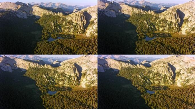 加利福尼亚州早晨太阳的优胜美地国家公园的空中山湖