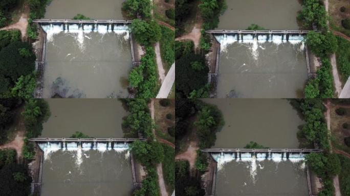 大坝放水的鸟瞰图，以防止大雨后洪水泛滥。