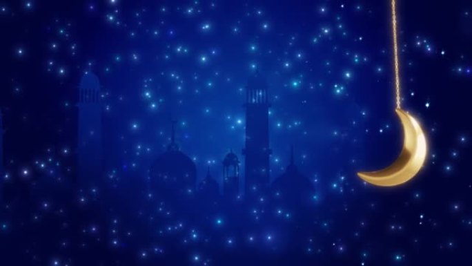 4K 3D蜡烛灯笼串挂伊斯兰斋月背景。月亮和灯笼。