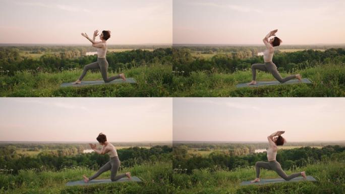 瑜伽大师在清晨以慢动作站在森林山脉中进行各种练习和动作，以实现平衡和灵魂发展
