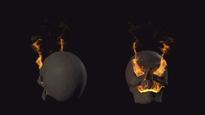 火焰从一个正在旋转的人的头骨上燃烧出来。
透明背景上的头骨起火。