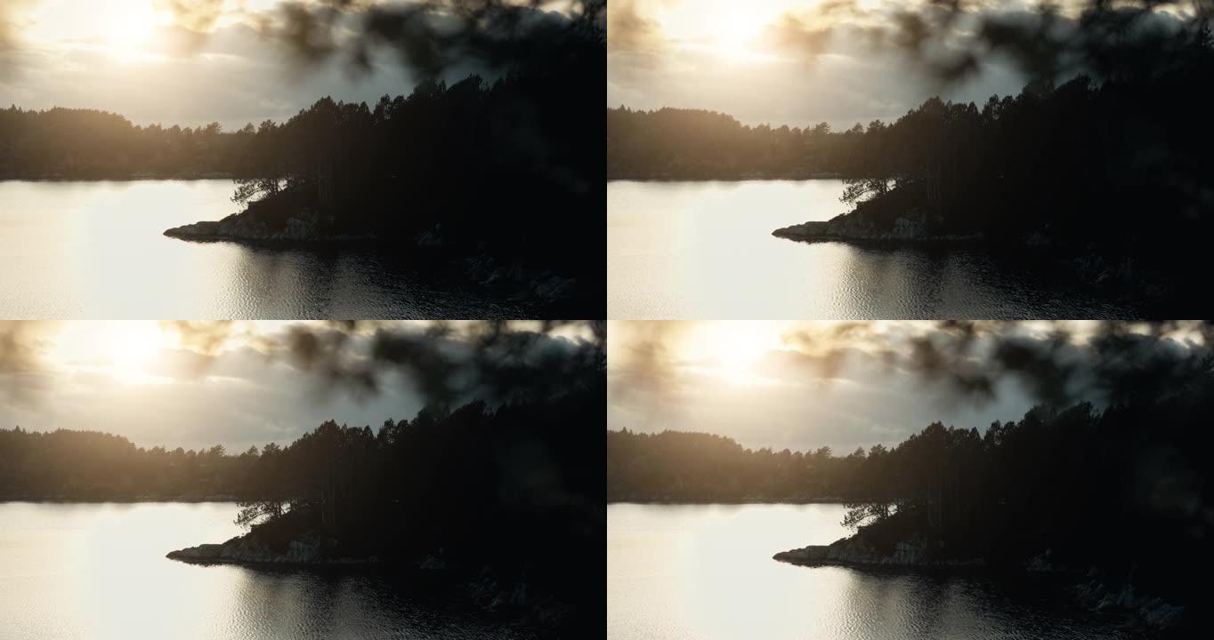 挪威的户外风景: 日落时的湖泊景观
