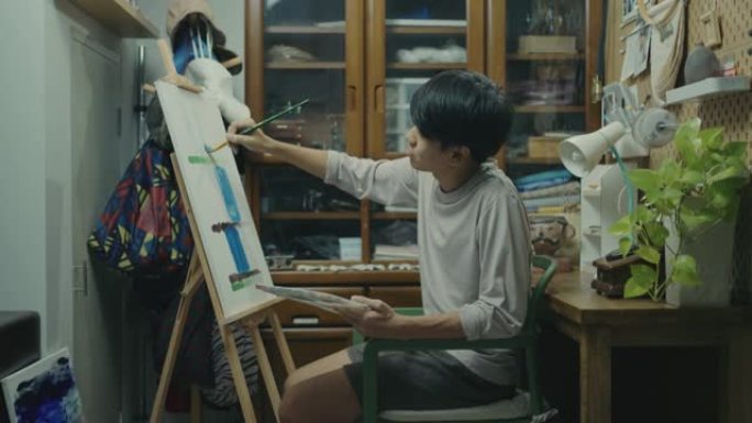 青年艺术家在家庭工作室绘画