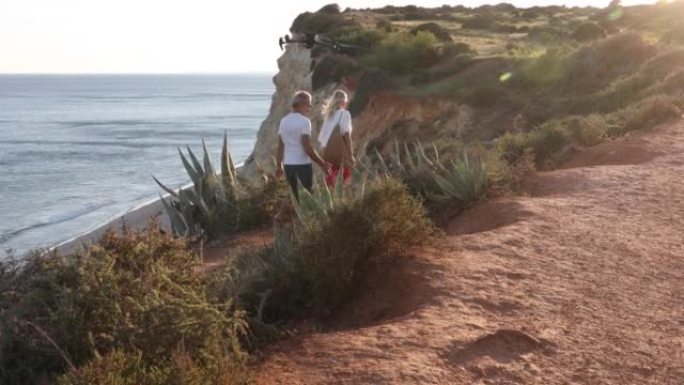 夫妇沿着悬崖悬崖，在遥远的海面上行走