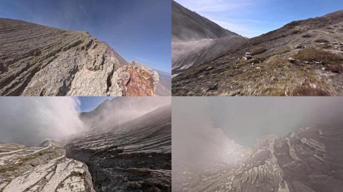 岛火山裂山石结构从山脊潜水到酸湖雾雾鸟瞰图