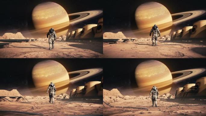 勇敢的宇航员穿着太空服自信地在火星上走向土星。空间站和火星探测器。被岩石覆盖的外星红色星球。