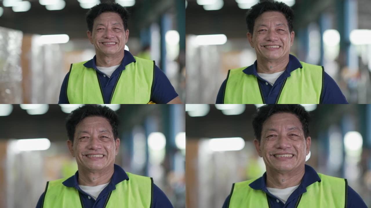 职业亚裔男工身穿安全服，手持安全帽站在仓库里，笑嘻嘻地看着镜头的画像。在产品配送物流中心或制造仓储工