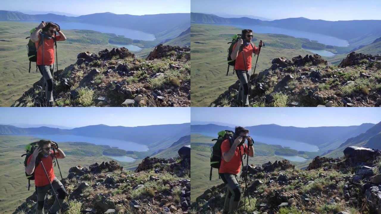 一个人独自攀登火山