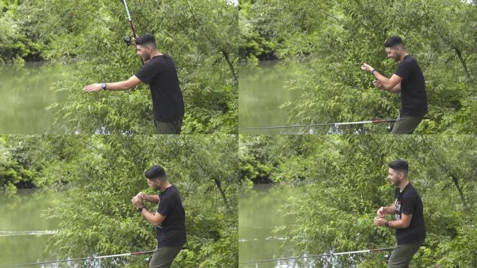 高加索人用钓鱼竿取出一条鱼，解开它，亲吻它，然后将其释放到河中