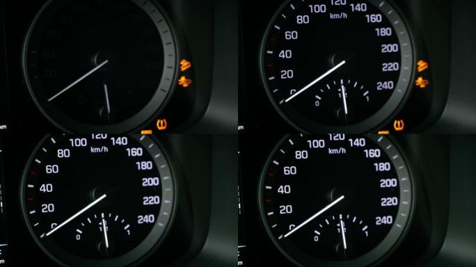汽车转速表和燃油表的特写。仪表板点亮。