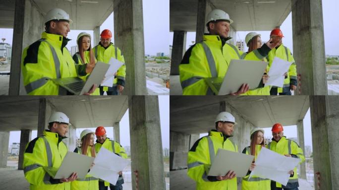 土木工程师正在参观建筑工地，两名男子和一名年轻女子在讨论建筑计划