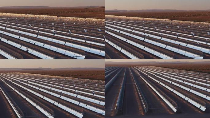 抛物线槽式太阳能发电厂和周围沙漠的航拍