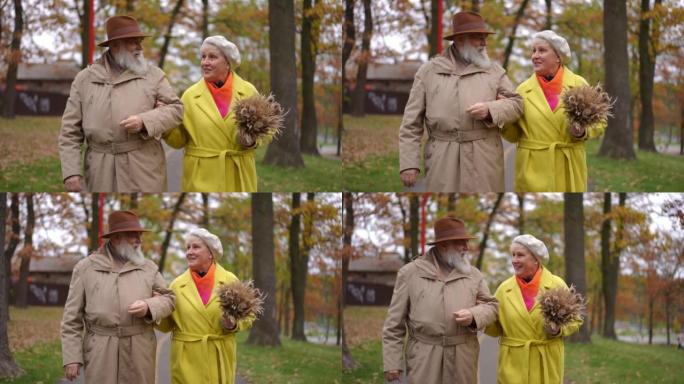 多莉 (Dolly) 拍摄了微笑的高级男人和女人在秋季公园漫步的镜头，麦捆在慢动作中交谈。前视图中拍