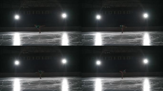 女子艺术花样滑冰运动员在比赛开始前在溜冰场上表演女子单人滑舞蹈。慢动作120 fps。完美、精确、自