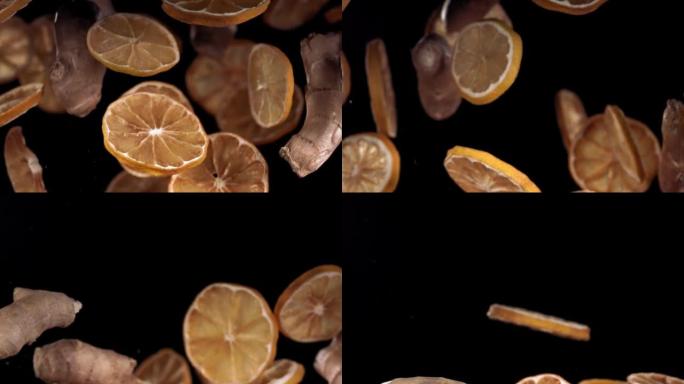 飞姜的超慢动作镜头，以1000fps的速度在空中碰撞柠檬。