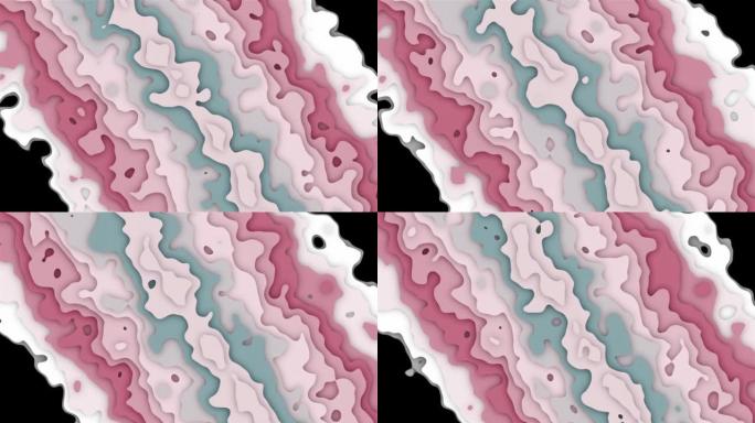 3D几何剪纸风格动画抽象背景。彩色流动波浪图案地形图概念。3d渲染，4k运动图形