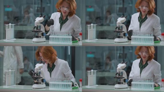 生态专业实验室，女性专家正在检查有毒和有害的水样，使用显微镜进行研究