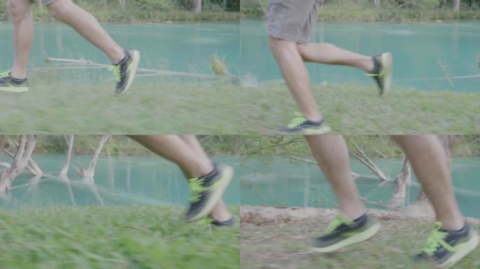 一个年轻人在河边奔跑的细节镜头