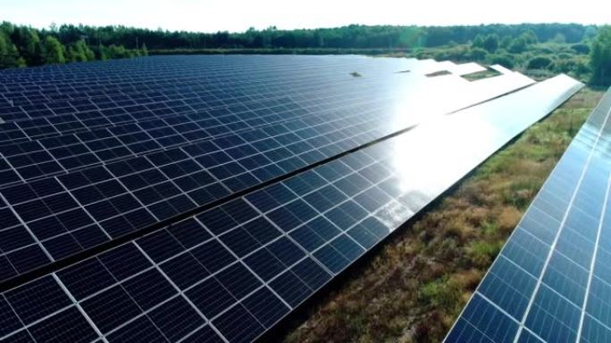 在阳光下的大型太阳能电池板农场 (太阳能电池) 的鸟瞰图。背景中的遥远森林