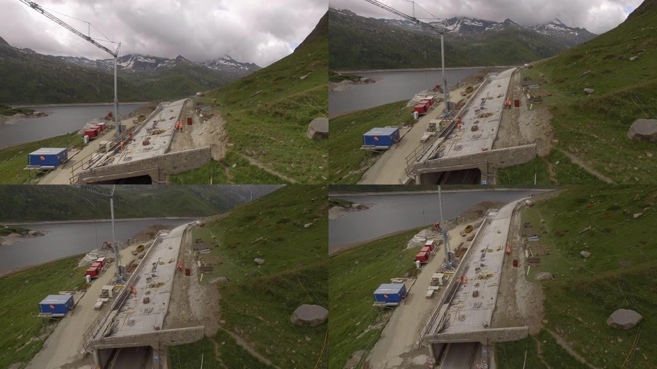 空中无人机拍摄了山区的隧道施工场景