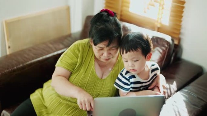 善良的奶奶和孙子一起看网络学习资料。