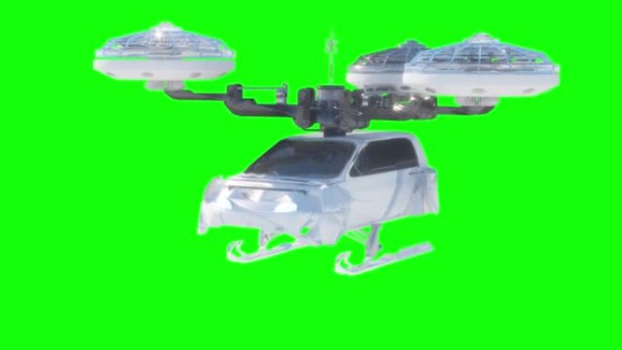 一架白色无人驾驶乘客无人机出租车在飞行。3D渲染