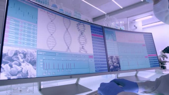 未来的实验室设备。DNA研究期间科学家的侧视图。DNA螺旋变成粒子