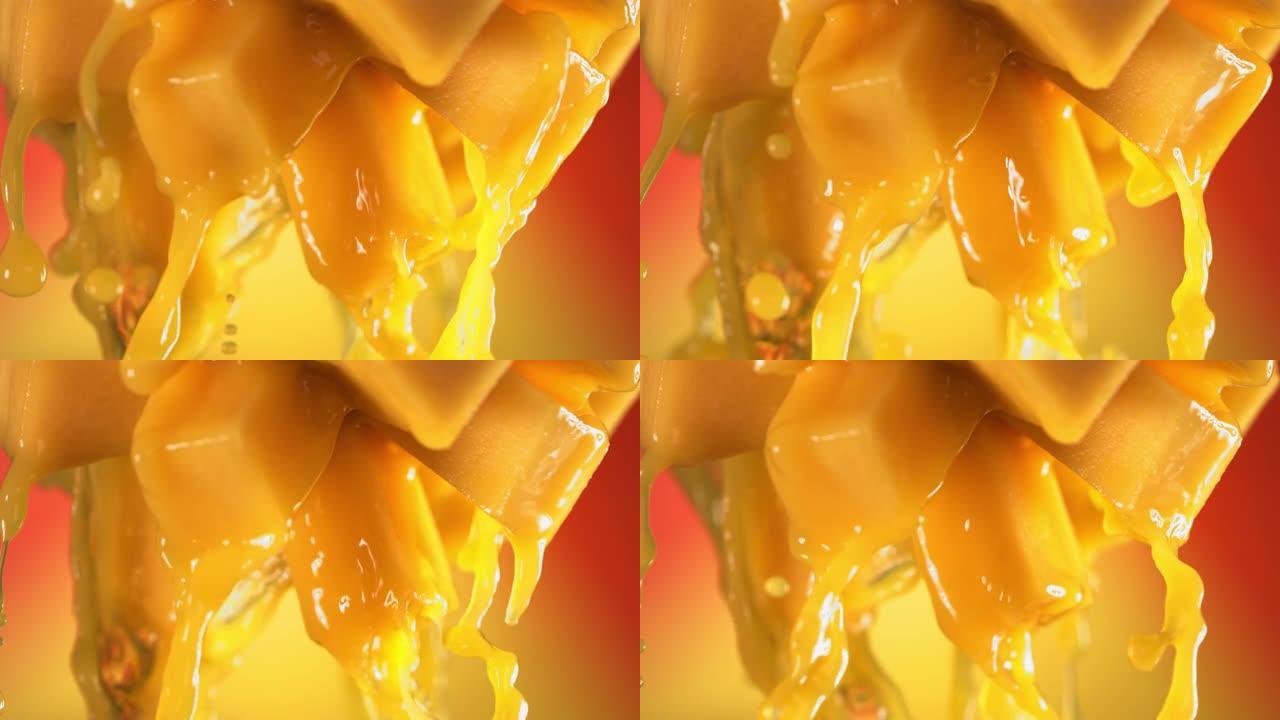 半滑芒果流淌芒果汁，慢动作微距拍摄