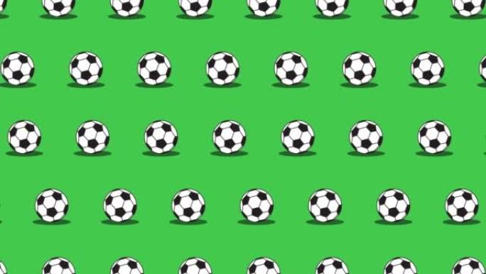 绿色背景上的足球 (欧洲足球) 球无缝循环模式。无缝循环动画中的运动球。无尽的活动运动图形背景