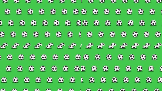 绿色背景上的足球 (欧洲足球) 球无缝循环模式。无缝循环动画中的运动球。无尽的活动运动图形背景