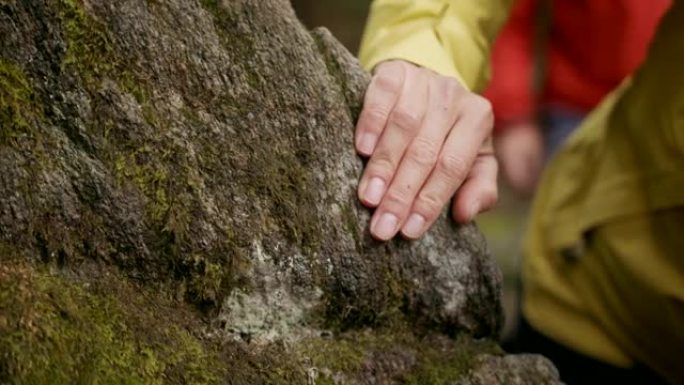 徒步旅行时徒步旅行者将手放在岩石上的细节镜头