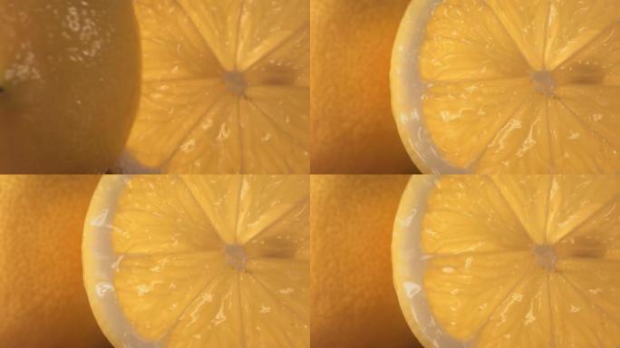 滚动一半的新鲜柠檬，并以慢动作打开水果的内部。4K
