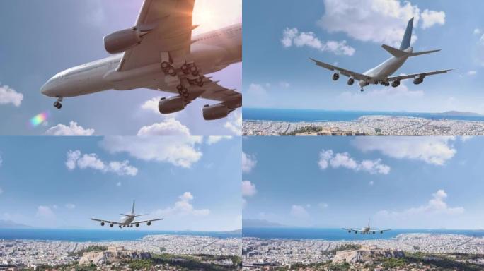 飞机飞行和降落希腊雅典。飞机概念