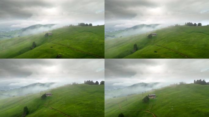 阿尔佩·迪·苏伊西，多洛米蒂。意大利高山草甸山高原的空中无人机视图。南蒂罗尔田园诗般的阿尔姆山谷的日