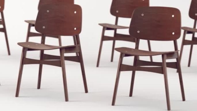 白色背景环形棕色木椅，3D渲染