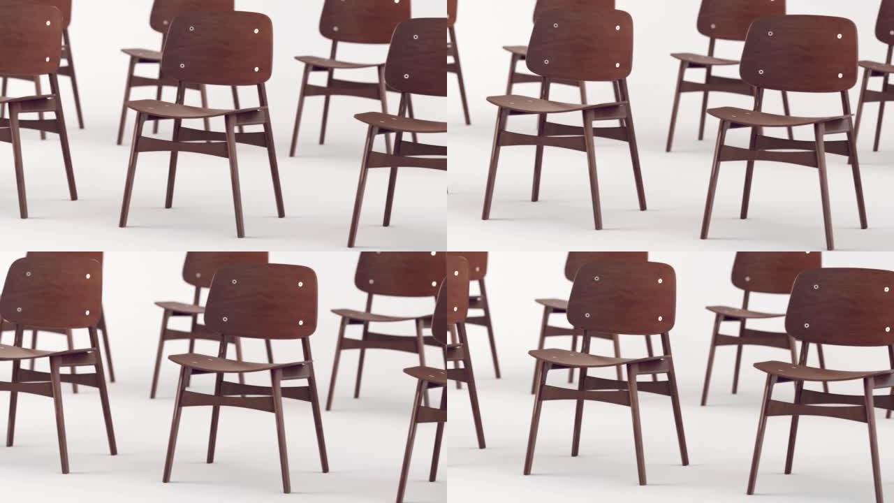 白色背景环形棕色木椅，3D渲染