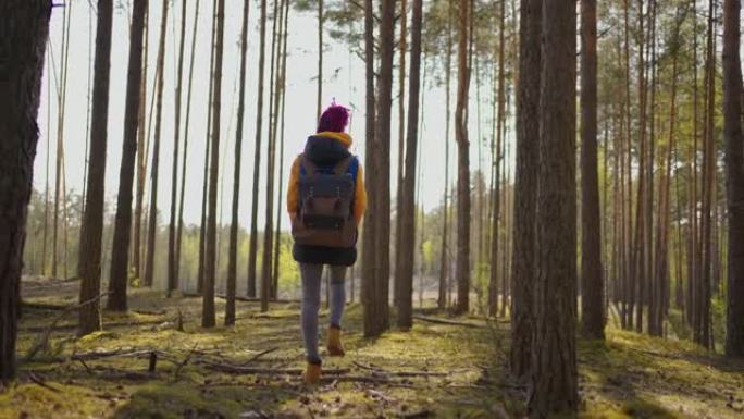 欣快的漂亮女人，带着旅游背包独自漫步在夏季森林野生自然中，独自享受非洲野生动物园徒步旅行的冒险。肖像