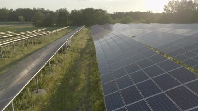 自然界日落时的太阳能电池板领域